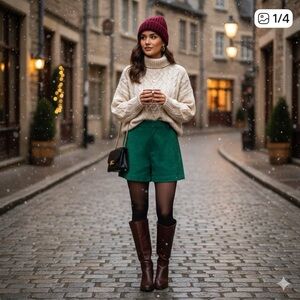 Green faux suede Women's Shorts with skirt front large